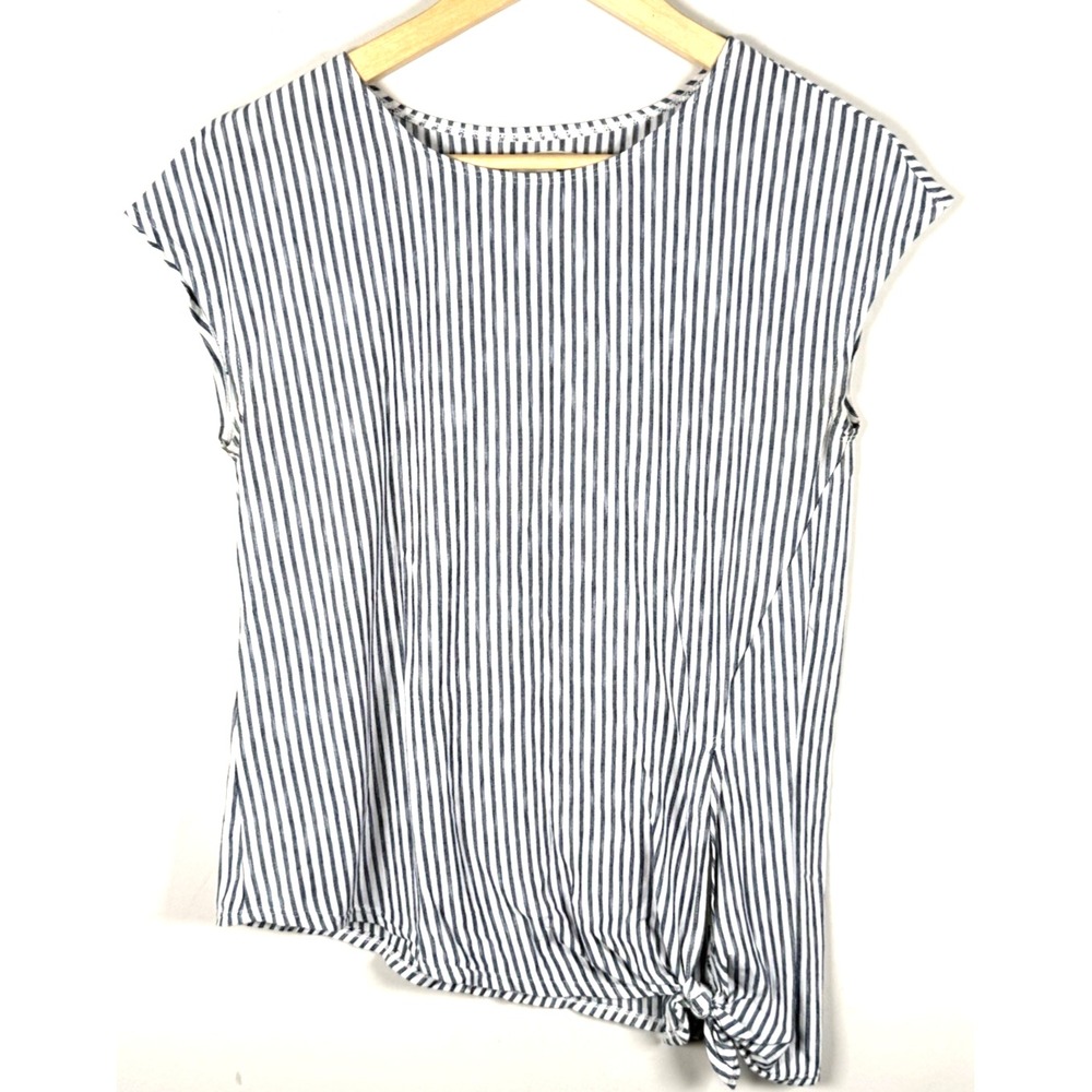 MAX STUDIO Top Women's XS Side Tie‎ Peasant Blouse Cap Sleeves White Blue